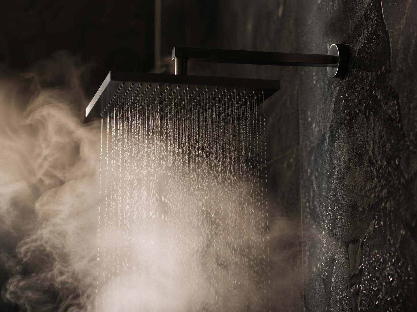 Hot shower steam in a dark bathroom
