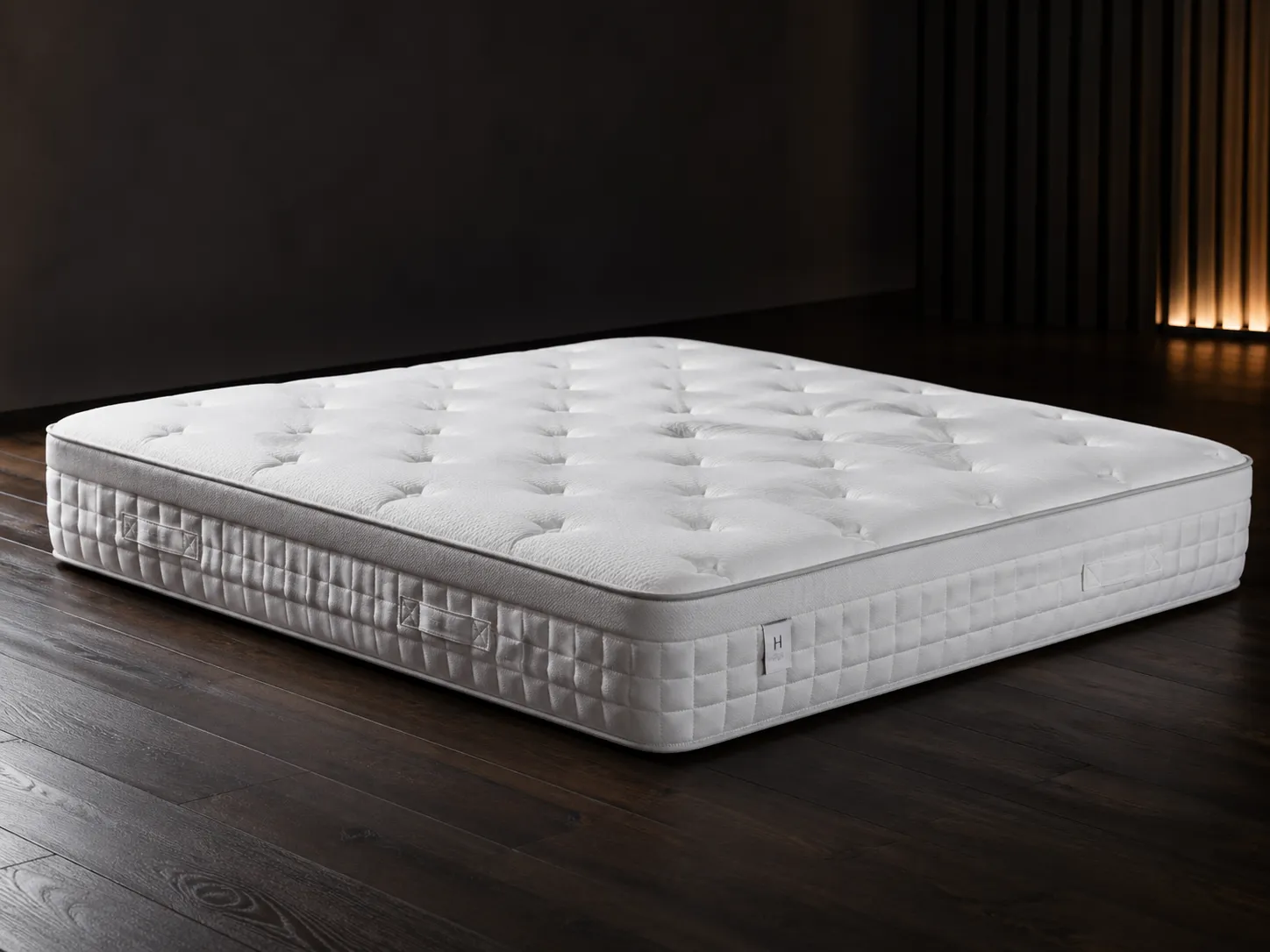 Premium white mattress on dark hardwood floor