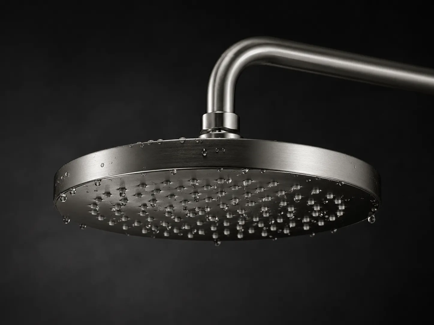 Brushed nickel rainfall shower head with water droplets