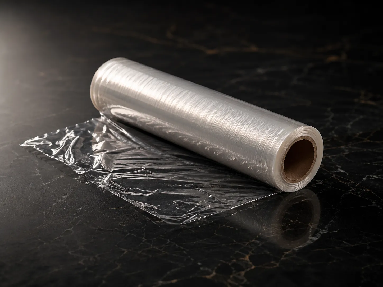 Roll of clear plastic wrap on dark marble counter