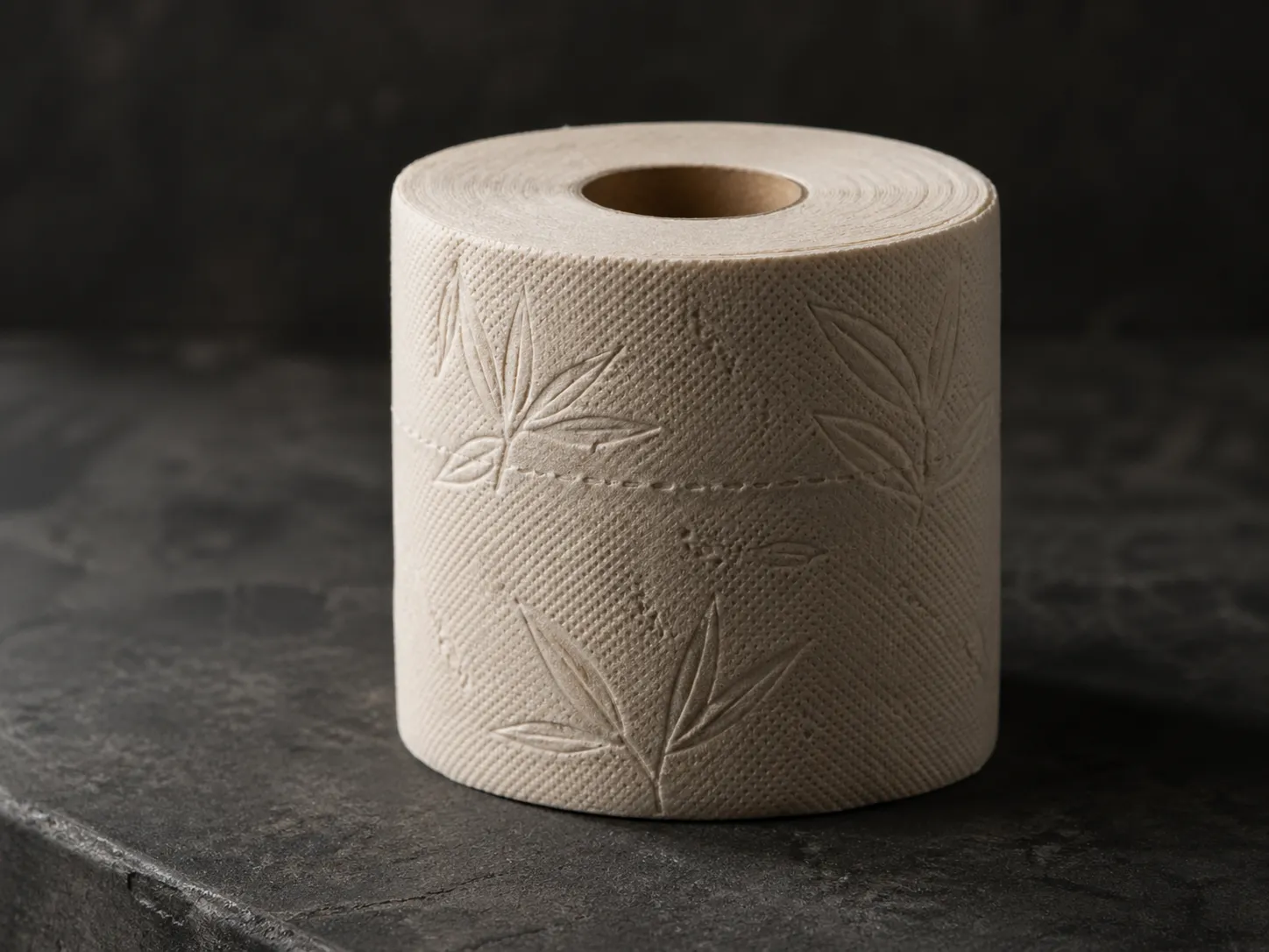 Bamboo toilet paper roll on dark stone surface