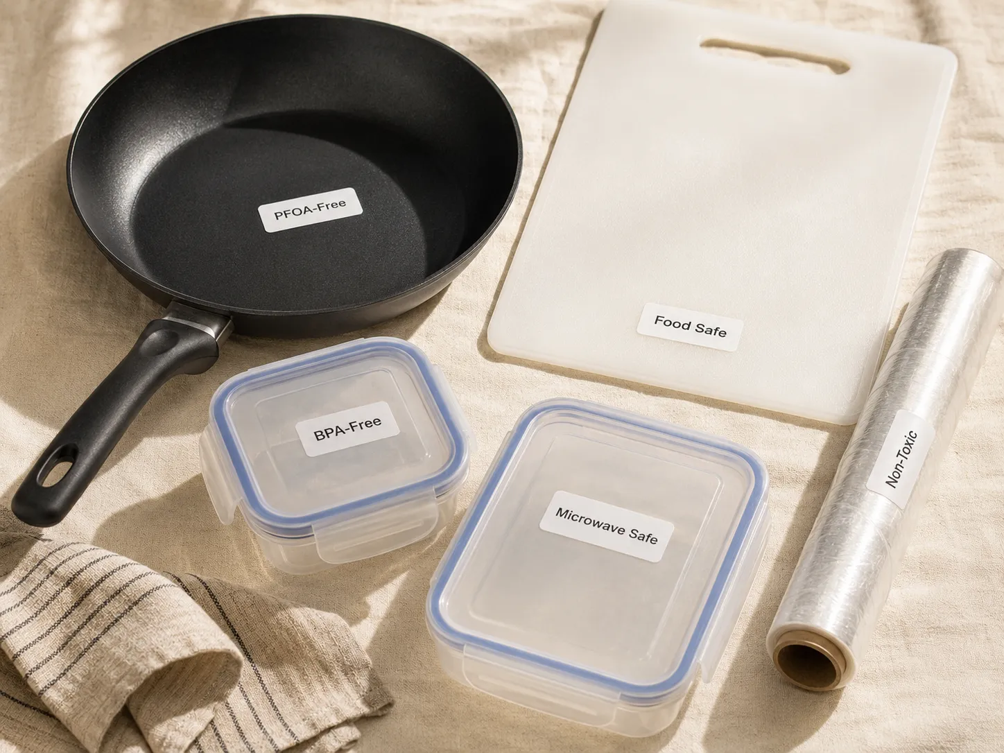 Common kitchen items with BPA-Free, Non-Toxic, and PFOA-Free labels