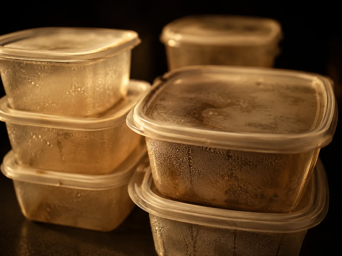 Macro close-up of plastic food storage containers