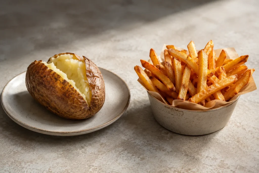 Plain baked potato beside French fries showing how potato preparation changes calorie density and nutrition.