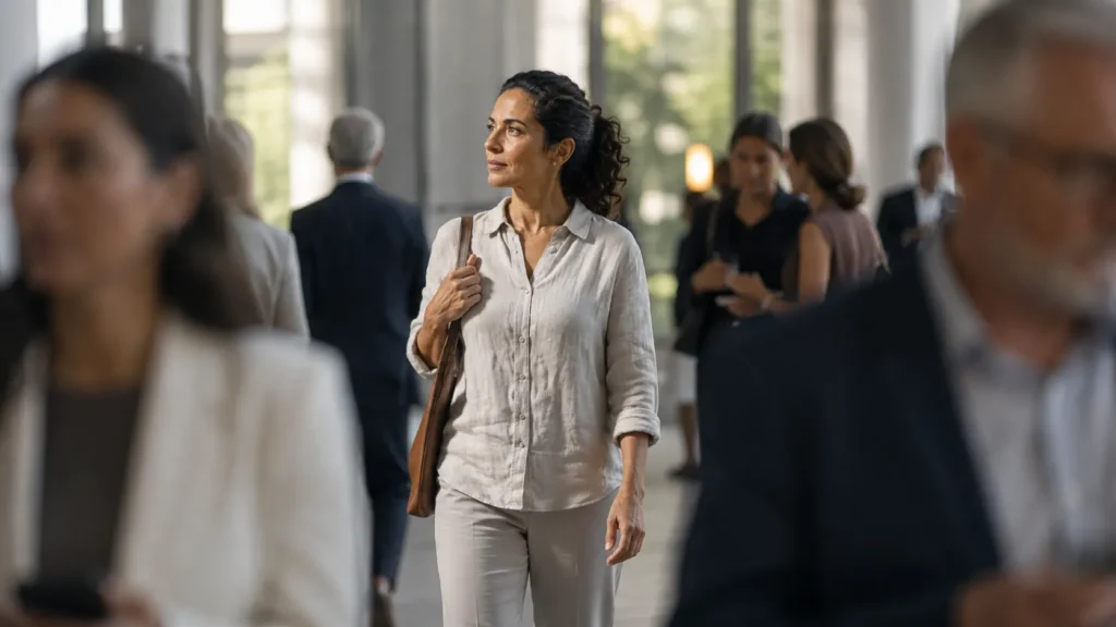 Woman moving through a busy environment while surrounding people remain out of focus, illustrating how expectations influence attention and perception.