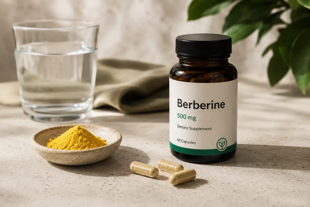 Berberine supplement bottle and capsules illustrating the difference between concentrated berberine and naturally bitter foods.