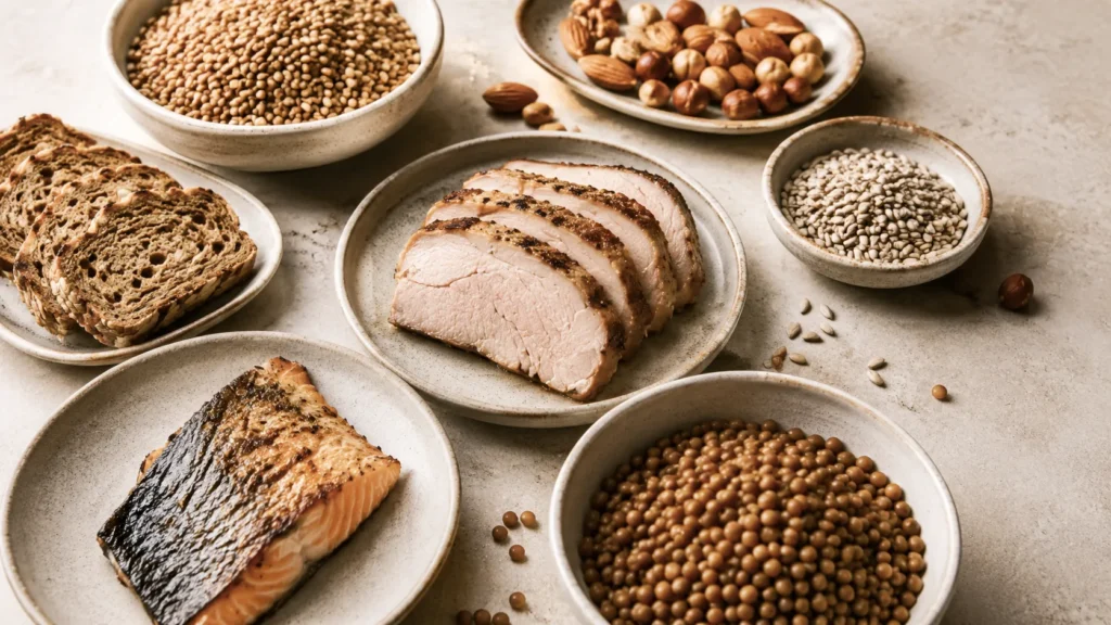 Foods high in vitamin B1 including pork, fish, whole grains, legumes, nuts and seeds