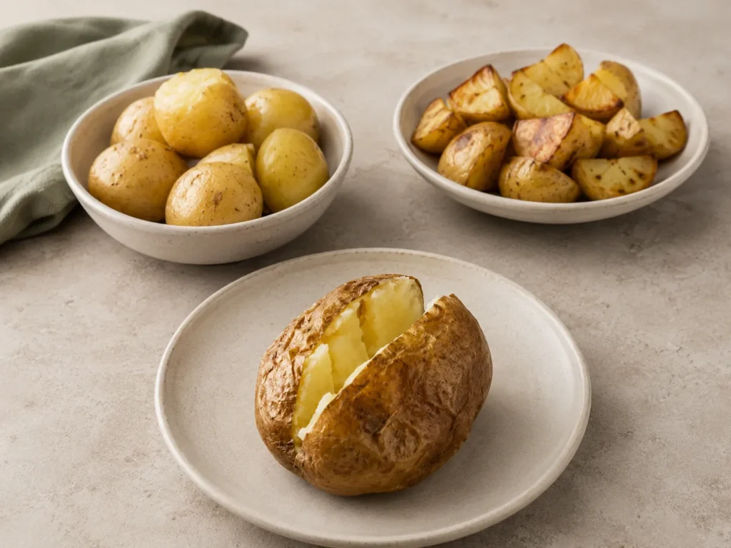 Baked, boiled and roasted potatoes showing simple preparation methods for a weight-loss-friendly diet.