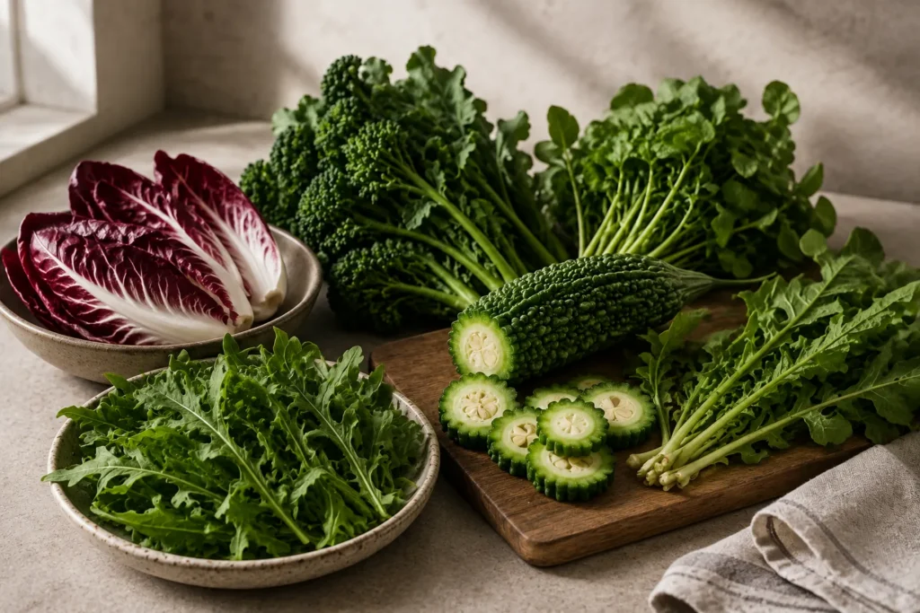 Fresh bitter foods including arugula, radicchio, broccoli rabe, watercress, dandelion greens, and bitter melon.