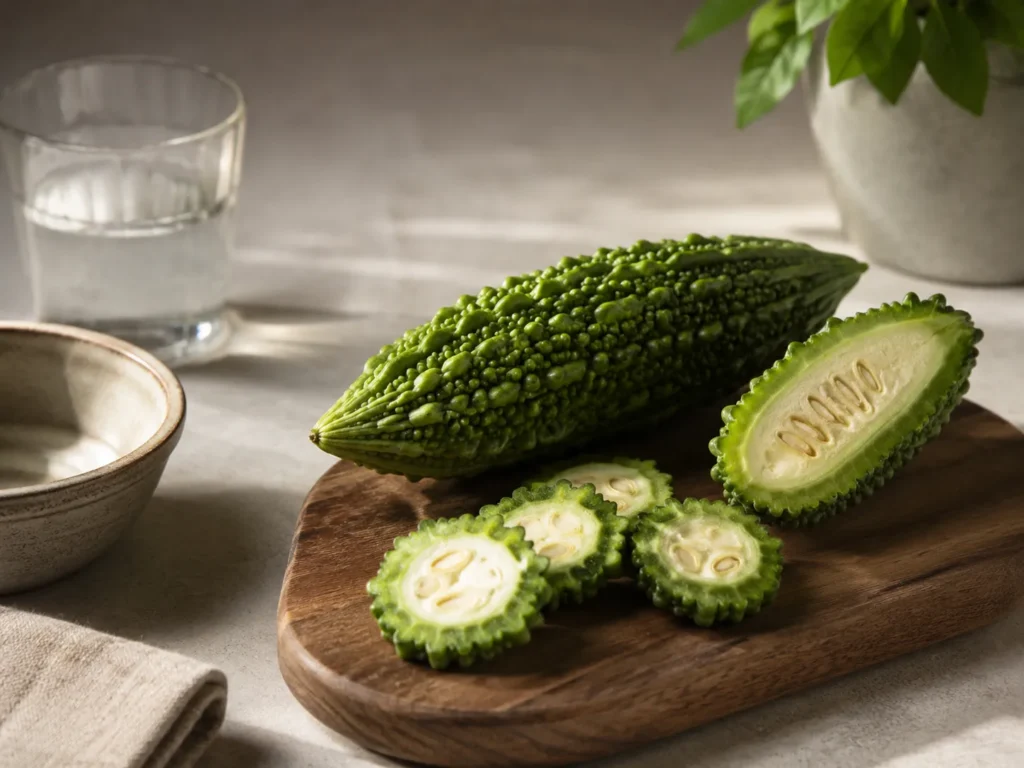 Fresh whole and sliced bitter melon on a wooden cutting board, illustrating research on bitter melon and glucose metabolism.