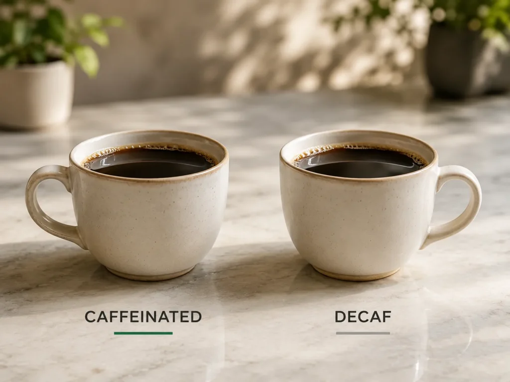 Caffeinated and decaf coffee shown side by side for comparison in dementia risk research.