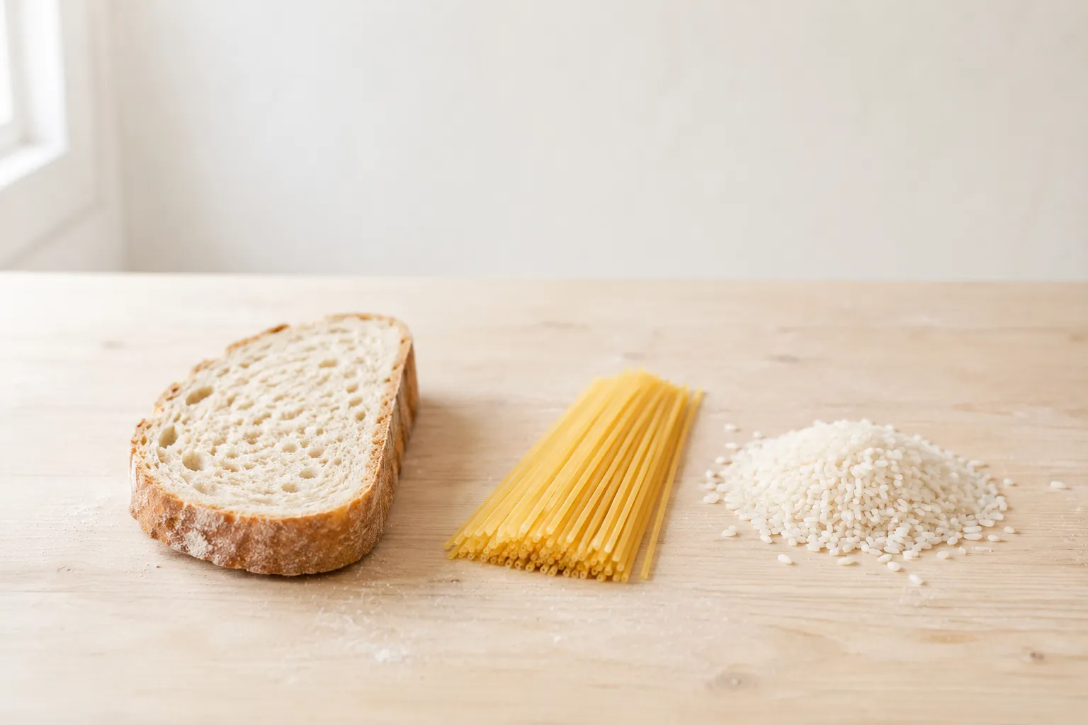 Bread, pasta and rice on light wood