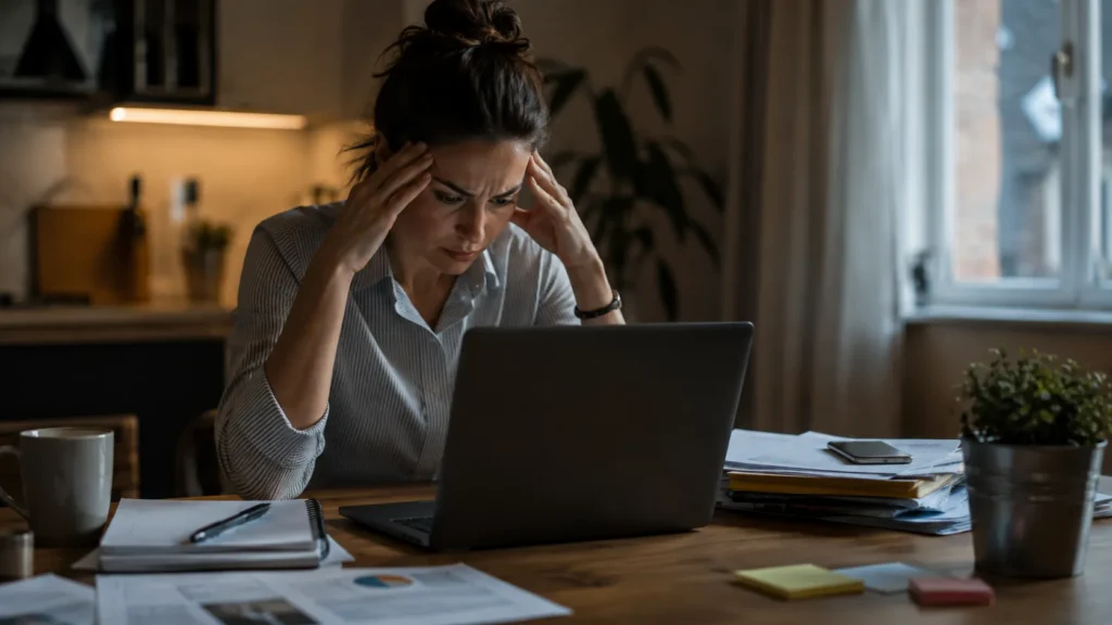 Stressed woman working at a laptop with tense posture, illustrating how repeated psychological stress can activate the body’s stress response.