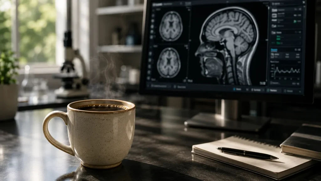 Cup of coffee in a research setting with brain scans illustrating possible links between caffeine and brain health.