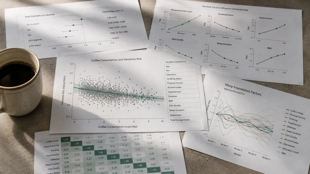 Coffee beside statistical charts illustrating observational research on coffee consumption and dementia risk.