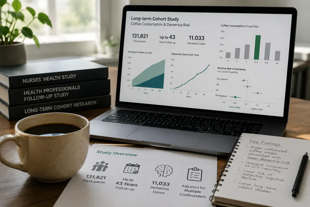 Coffee beside research data illustrating the long-term cohort study on coffee consumption and dementia risk.
