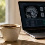 Cup of black coffee beside a computer displaying brain scans for research on coffee and dementia risk.