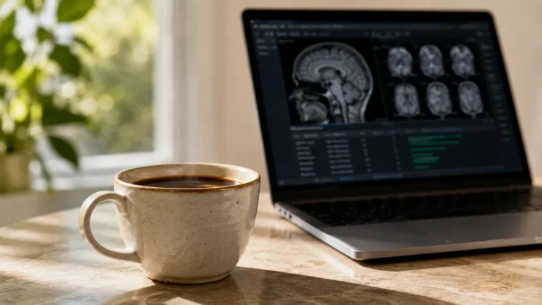 Cup of black coffee beside a computer displaying brain scans for research on coffee and dementia risk.