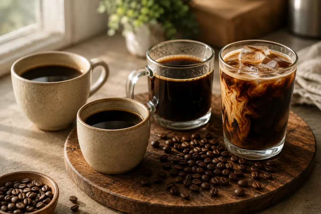 Several styles of coffee arranged in natural light illustrating the overall takeaway from research on coffee and dementia risk.