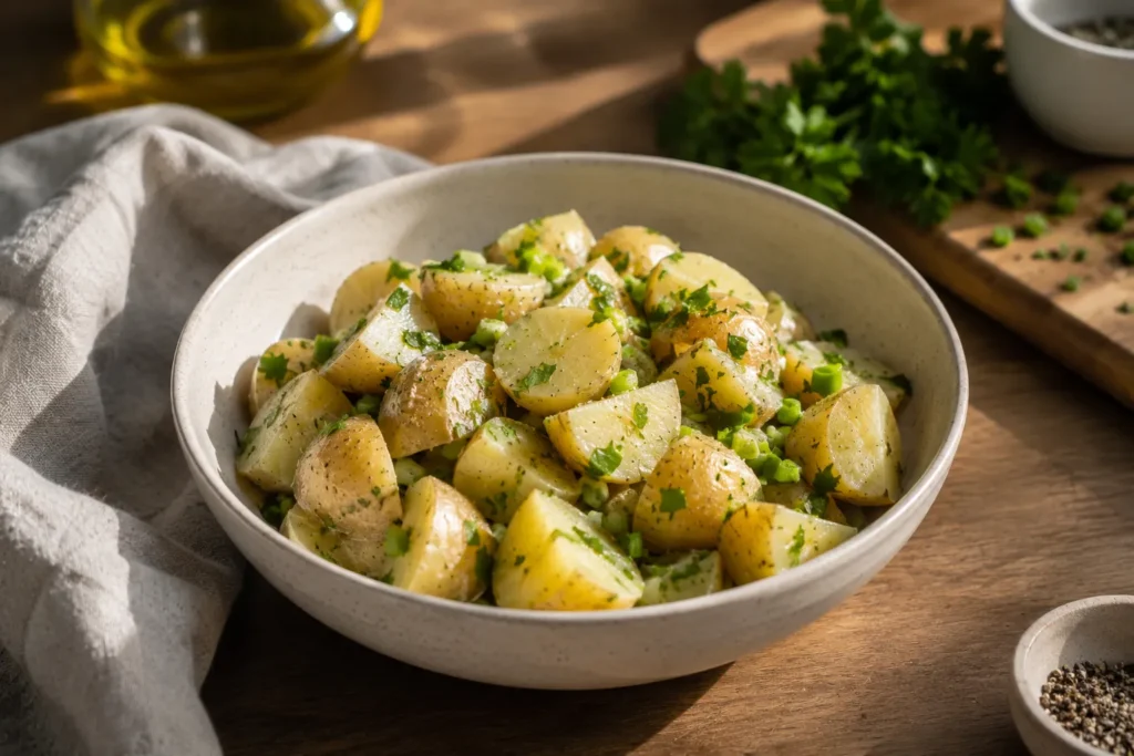 Cold potato salad made with cooked potatoes, herbs and light seasoning as a chilled potato option.