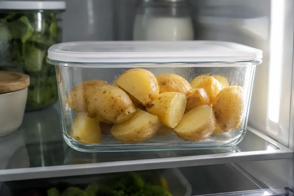 Cooked potatoes cooling in a refrigerator to increase resistant starch and potentially affect blood sugar response.