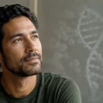 Man near a window with a subtle DNA image representing how daily habits can influence gene expression