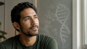 Man near a window with a subtle DNA image representing how daily habits can influence gene expression