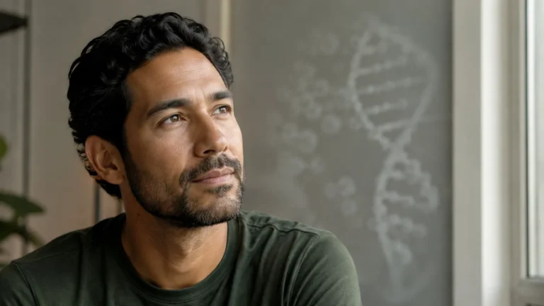 Man near a window with a subtle DNA image representing how daily habits can influence gene expression