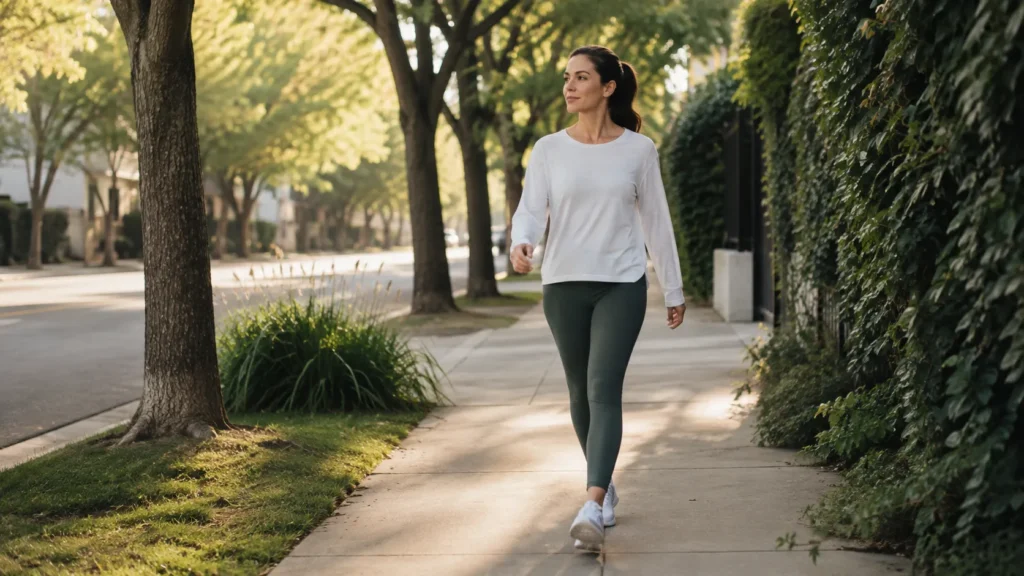 Woman walking outdoors as part of a daily exercise routine that can influence biological processes and gene expression