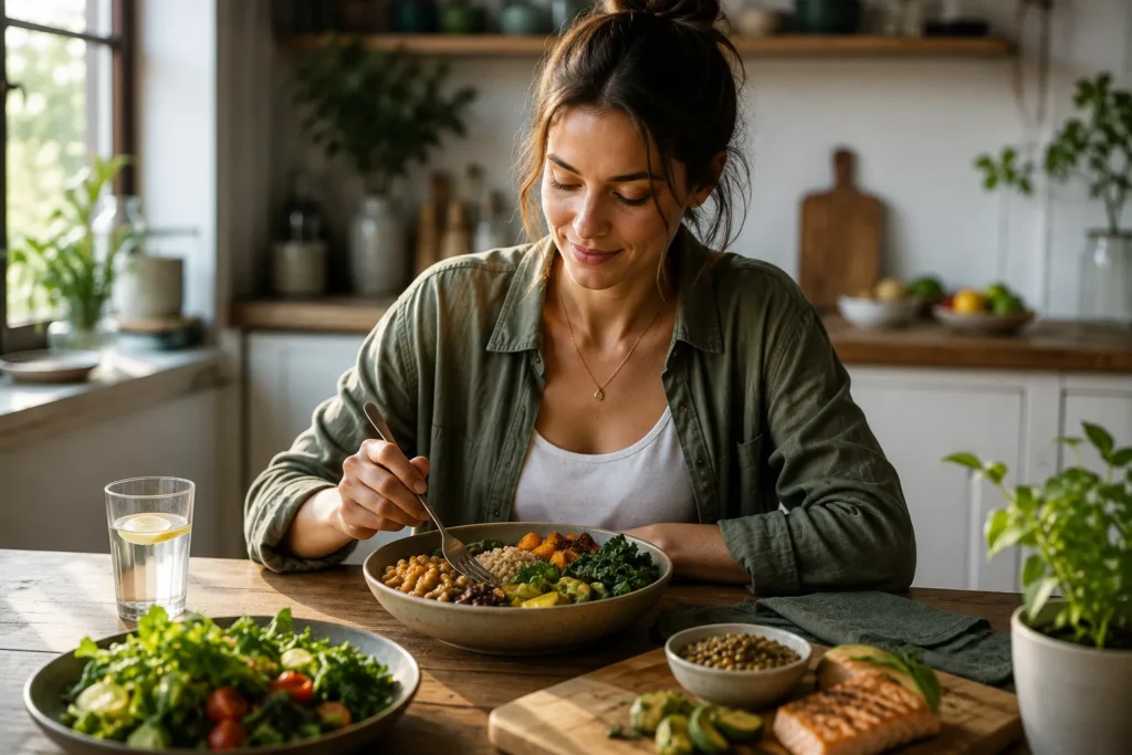 Woman eating a balanced whole-food meal as part of a healthy approach to digestive health