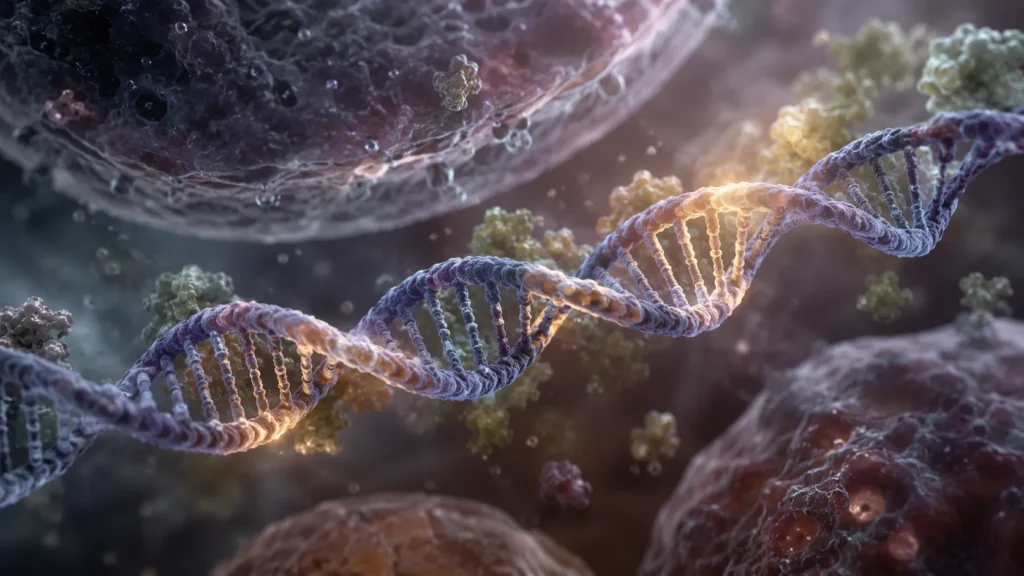 DNA strand inside a cellular environment illustrating gene expression and epigenetic regulation