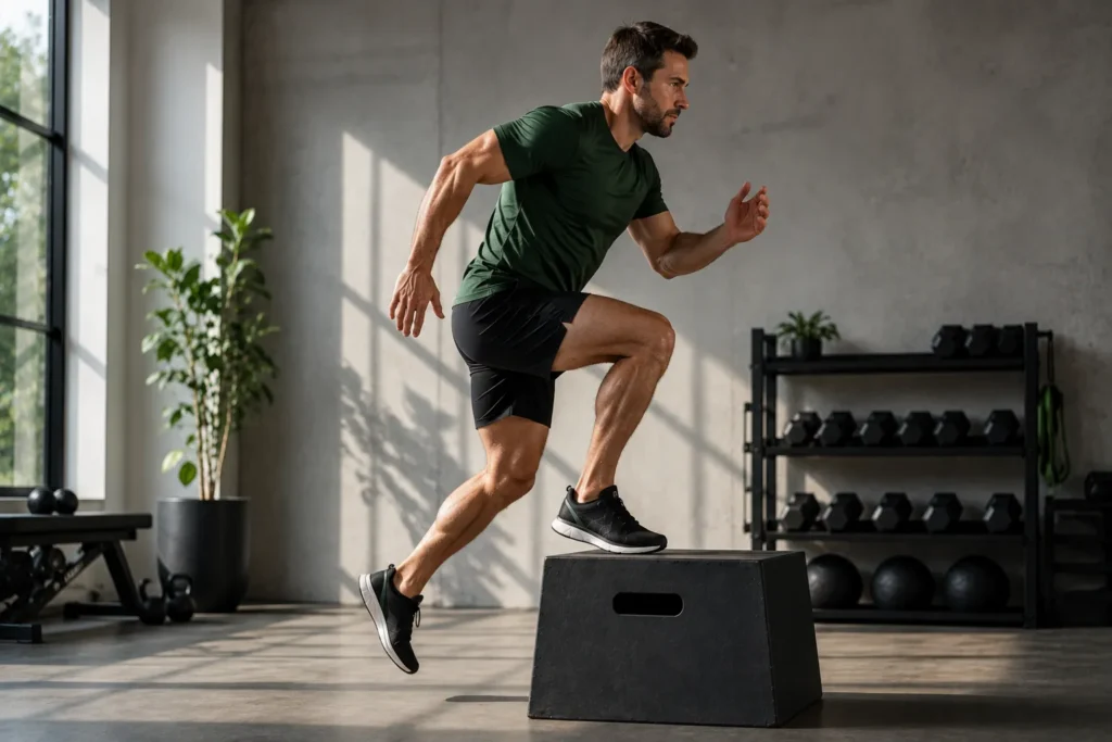 Man performing an explosive step-up exercise to develop lower-body power and movement speed.