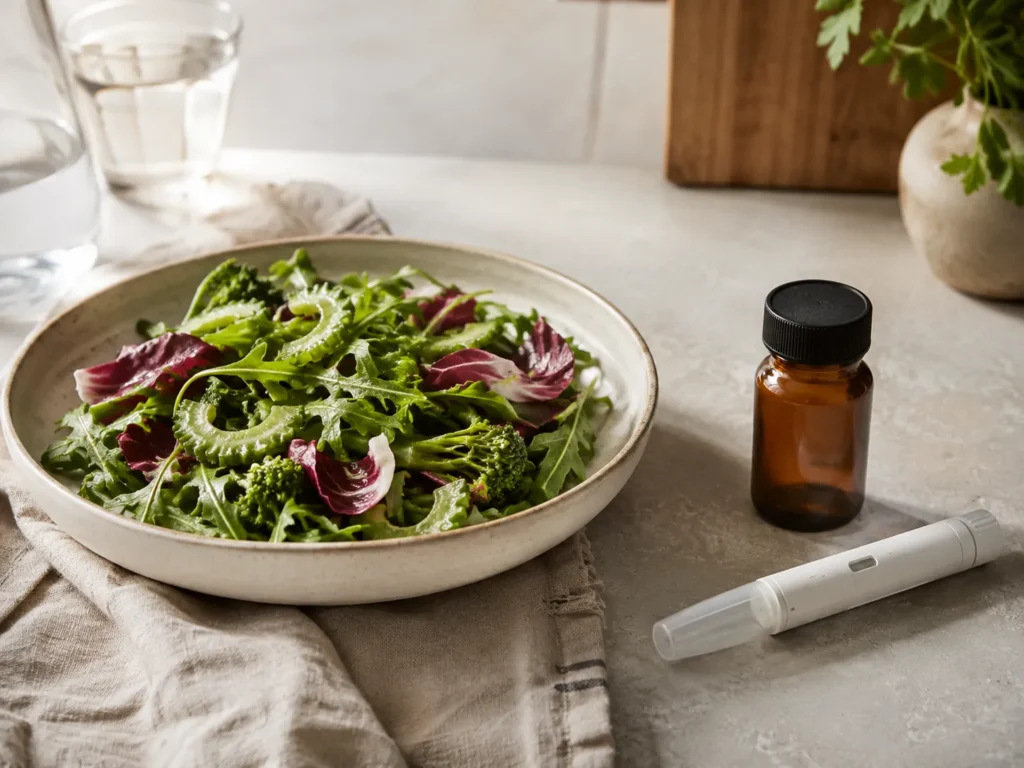 Bowl of bitter greens beside an unbranded injection pen, illustrating the difference between bitter foods and GLP-1 medications such as semaglutide.