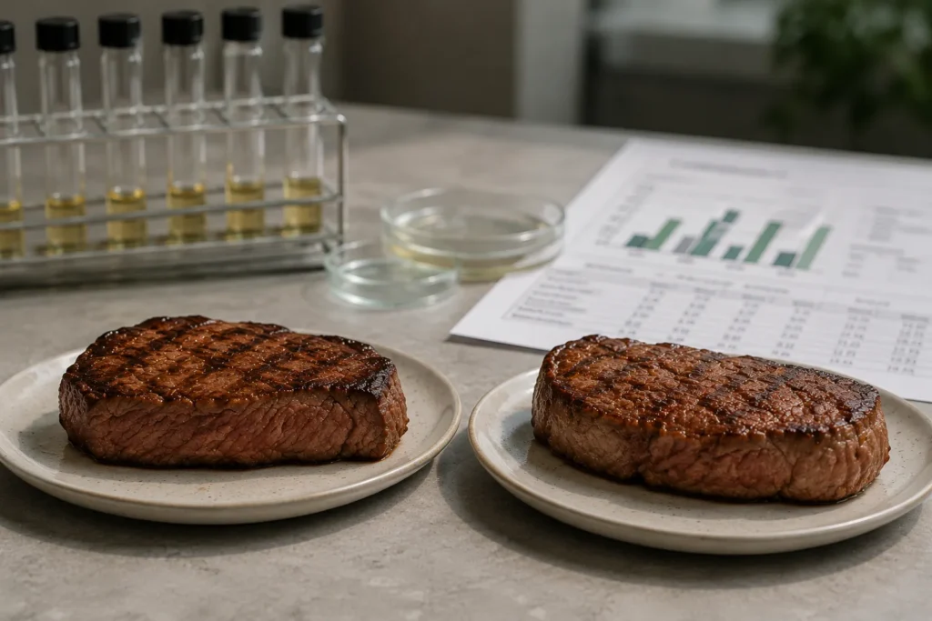 Grass-fed and grain-finished beef compared in a food science setting examining differences in vitamins and antioxidant compounds.