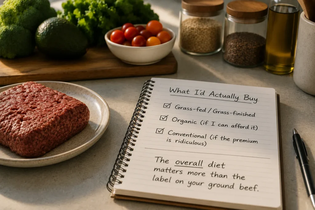 Ground beef beside a simple buying checklist comparing grass-fed, organic, and conventional beef while emphasizing overall diet quality.