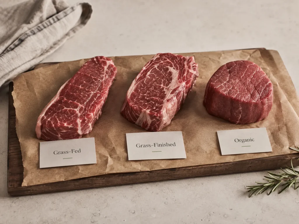 Grass-fed, grass-finished, and organic beef cuts shown side by side to illustrate the differences between common beef labels.