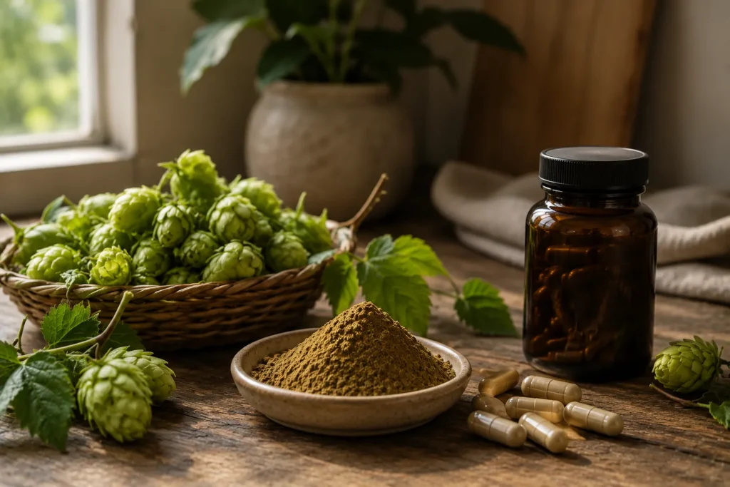 Fresh hop cones beside hop extract powder and capsules, illustrating research on bitter compounds in hops and metabolism.