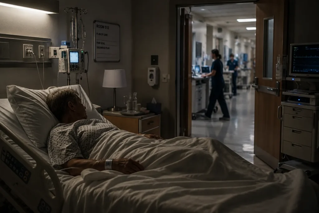 Patient resting in a hospital room while staff and medical equipment create nighttime background noise that may disrupt sleep and recovery.