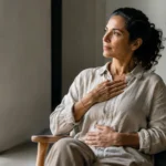 Woman sitting calmly by a window with one hand on her chest, illustrating the mind-body connection between thoughts, stress, and physical responses.