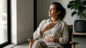 Woman sitting calmly by a window with one hand on her chest, illustrating the mind-body connection between thoughts, stress, and physical responses.