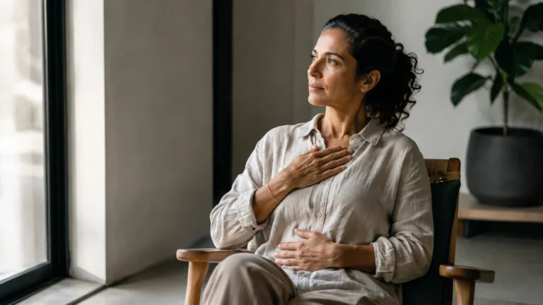 Woman sitting calmly by a window with one hand on her chest, illustrating the mind-body connection between thoughts, stress, and physical responses.
