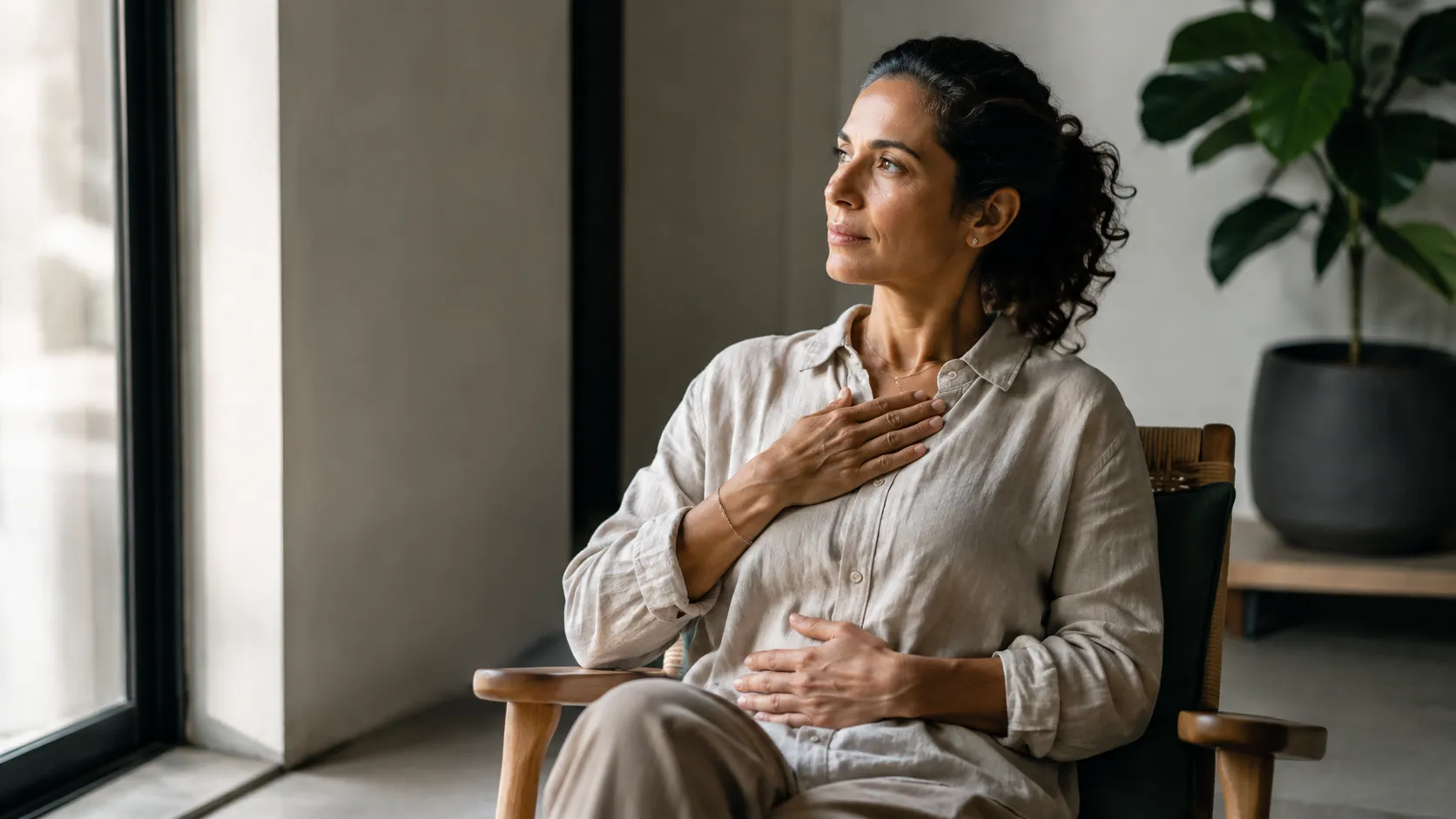 Woman sitting calmly by a window with one hand on her chest, illustrating the mind-body connection between thoughts, stress, and physical responses.
