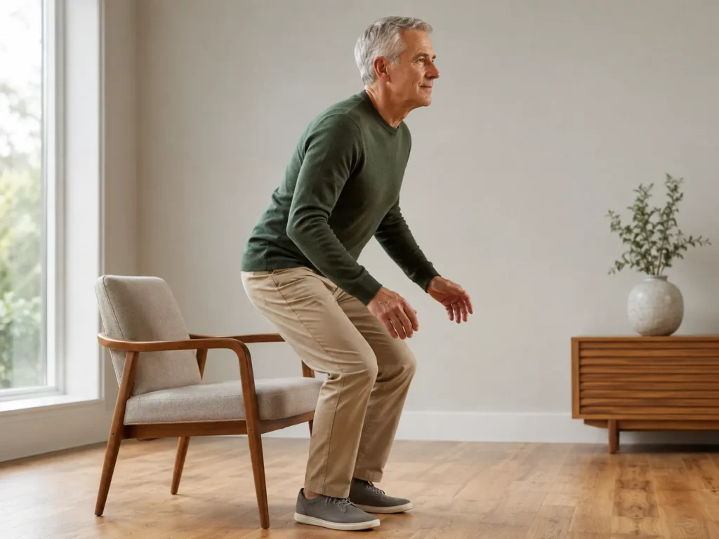 Older man rising quickly from a chair using lower-body strength and muscle power.
