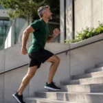 Fit older man climbing stairs quickly, demonstrating muscle power and physical capability with age.