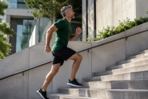Fit older man climbing stairs quickly, demonstrating muscle power and physical capability with age.
