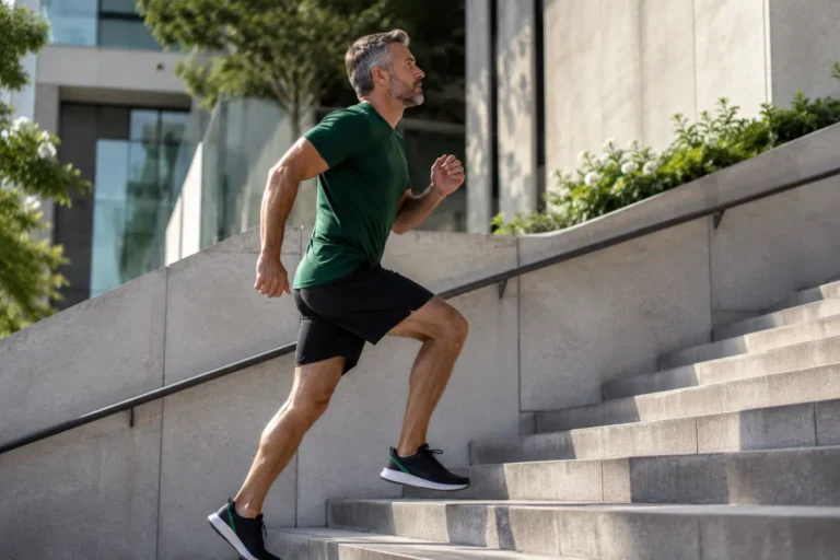 Fit older man climbing stairs quickly, demonstrating muscle power and physical capability with age.