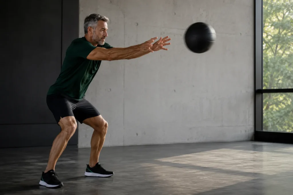 Man performing an explosive medicine ball throw to train muscle power and movement speed.