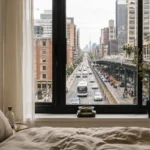Urban bedroom overlooking busy traffic, illustrating the health effects of chronic noise pollution.