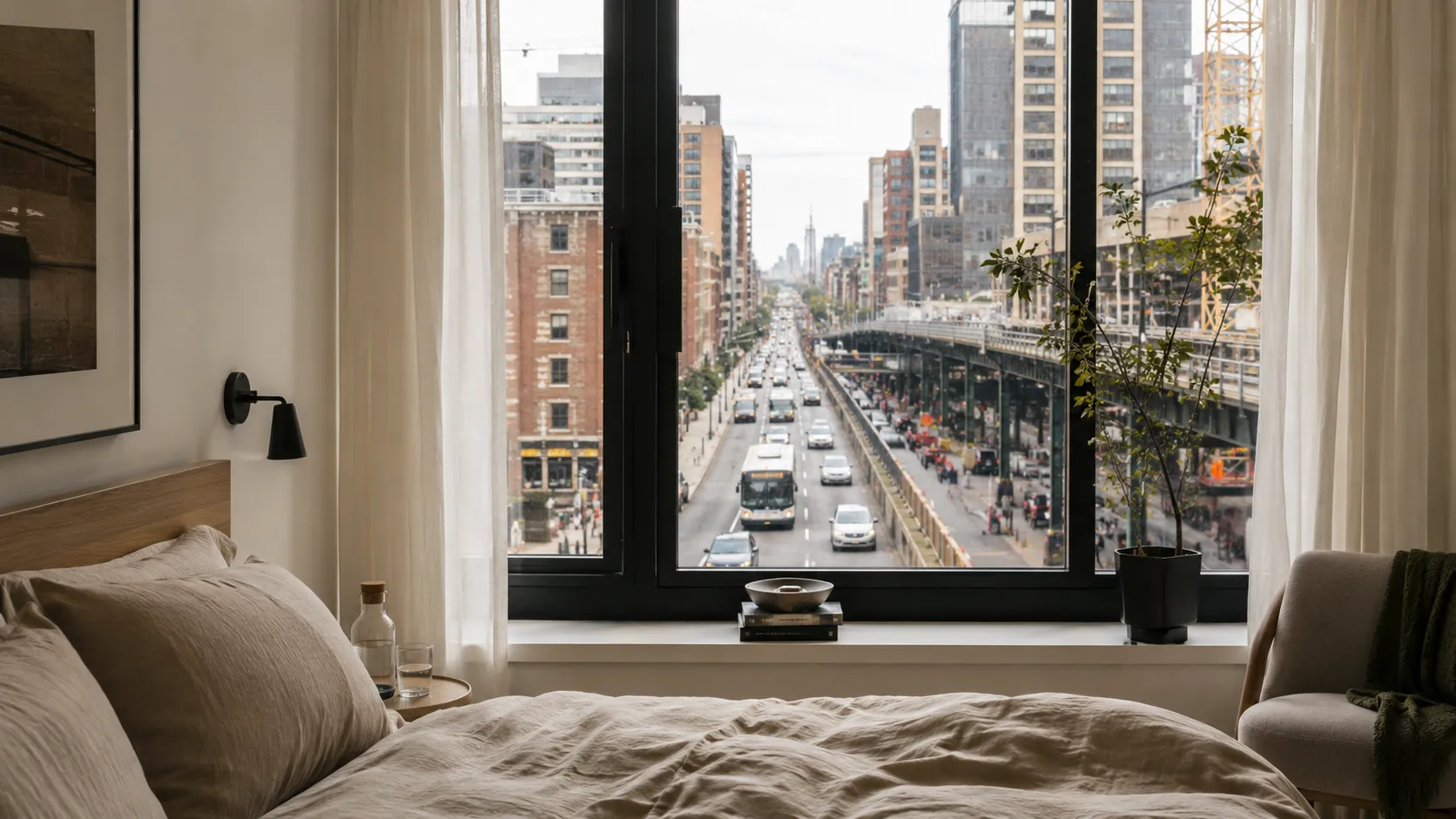 Urban bedroom overlooking busy traffic, illustrating the health effects of chronic noise pollution.