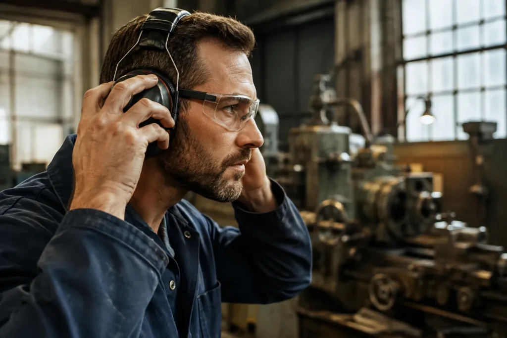 Worker wearing hearing protection in a loud industrial environment to reduce the risk of noise-induced hearing loss.